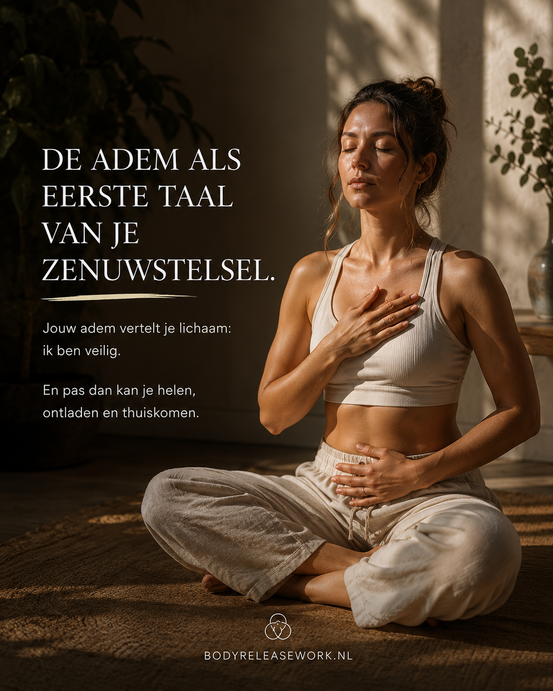 Vrouw in meditatie met een hand op haar borst en een hand op haar buik