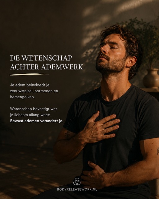 Man met gesloten ogen, één hand op zijn borst en één hand op zijn buik, in warm licht
