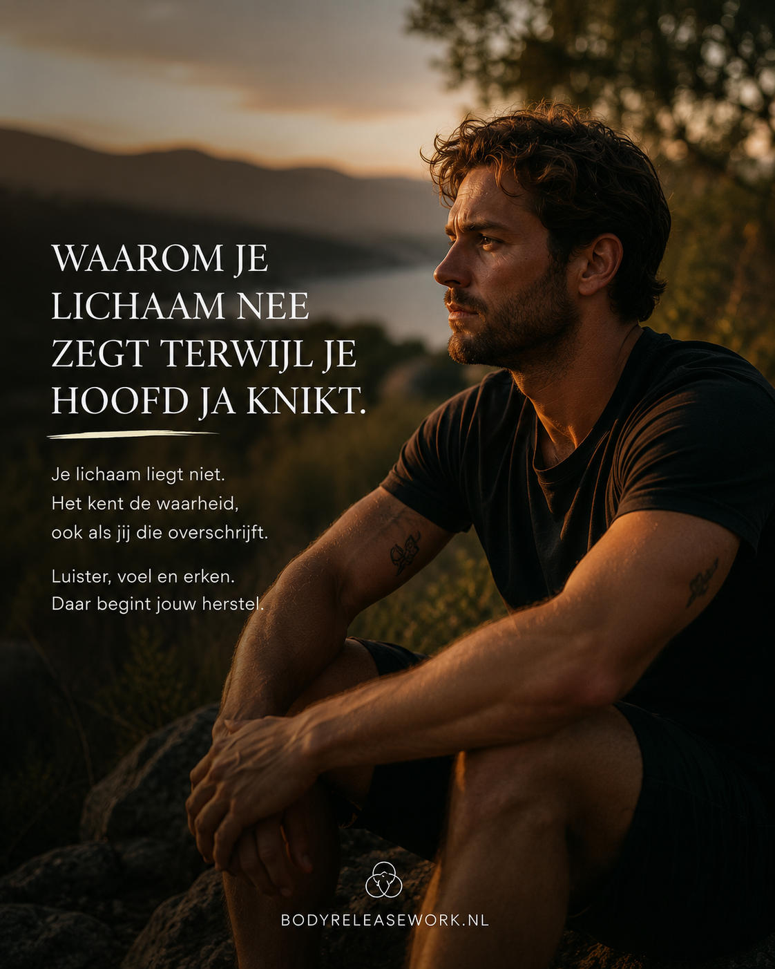 Man bij zonsondergang, kijkt uit over een heuvellandschap